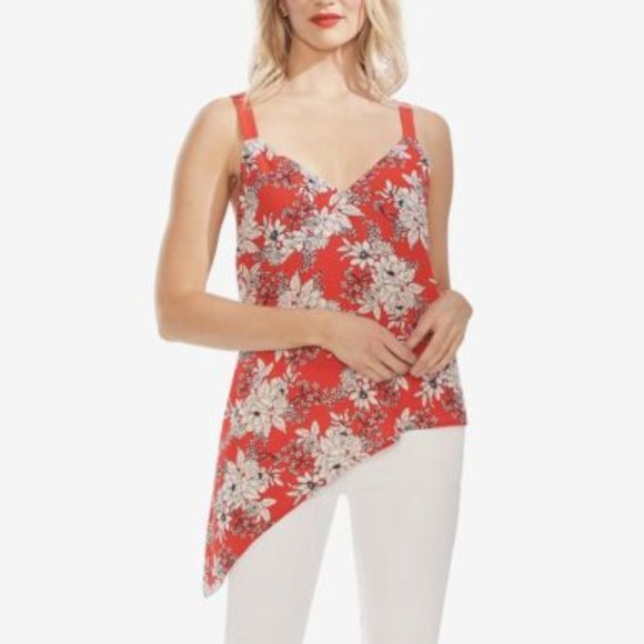 Vince Camuto Floral Print Asymmetric Hem Red V-Neck Tank Top Blouse Large NWT - Picture 2 of 13